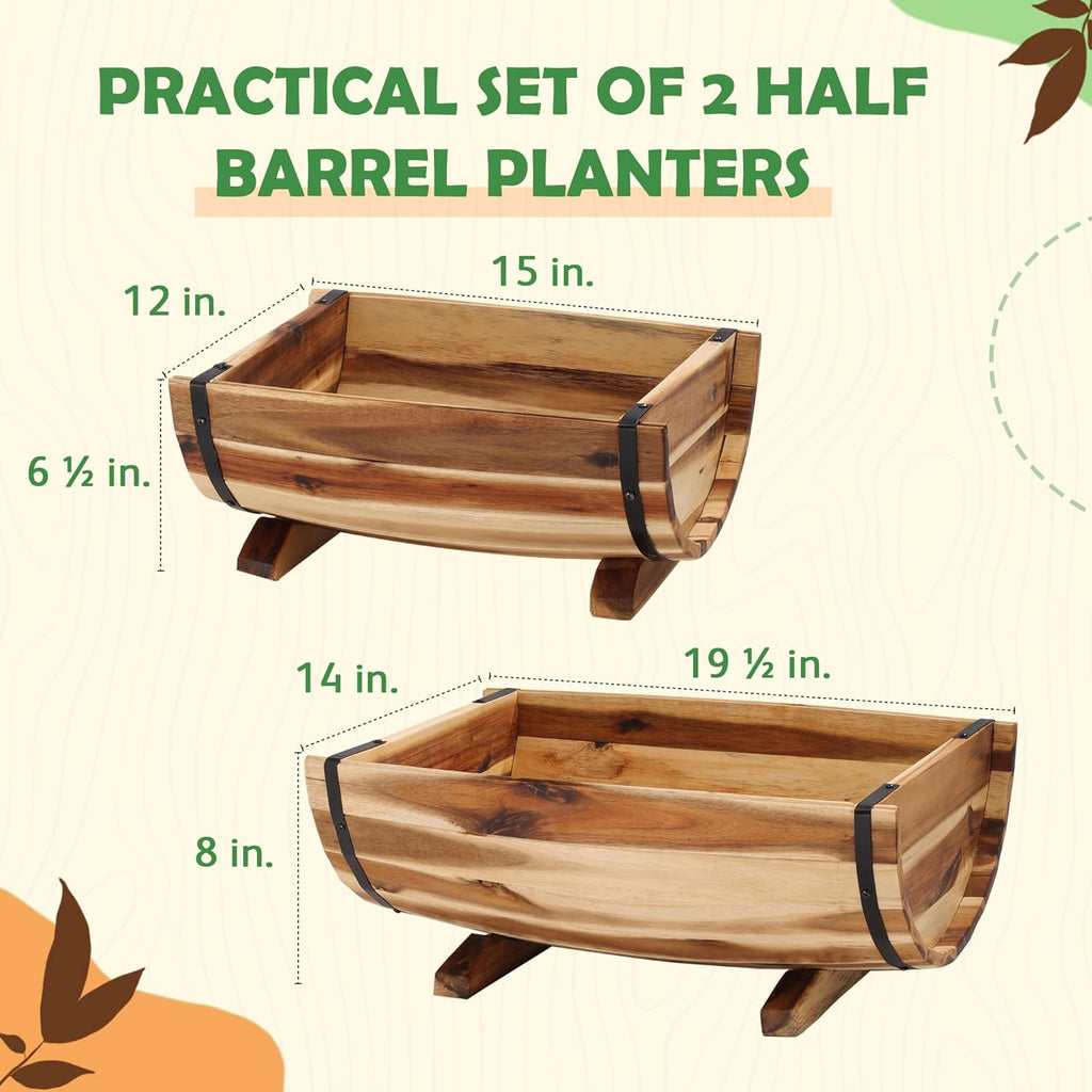 Set of 3 Wooden Barrel Planters – Rustic Acacia Flower Pots with Handles & Drainage for Garden & Patio