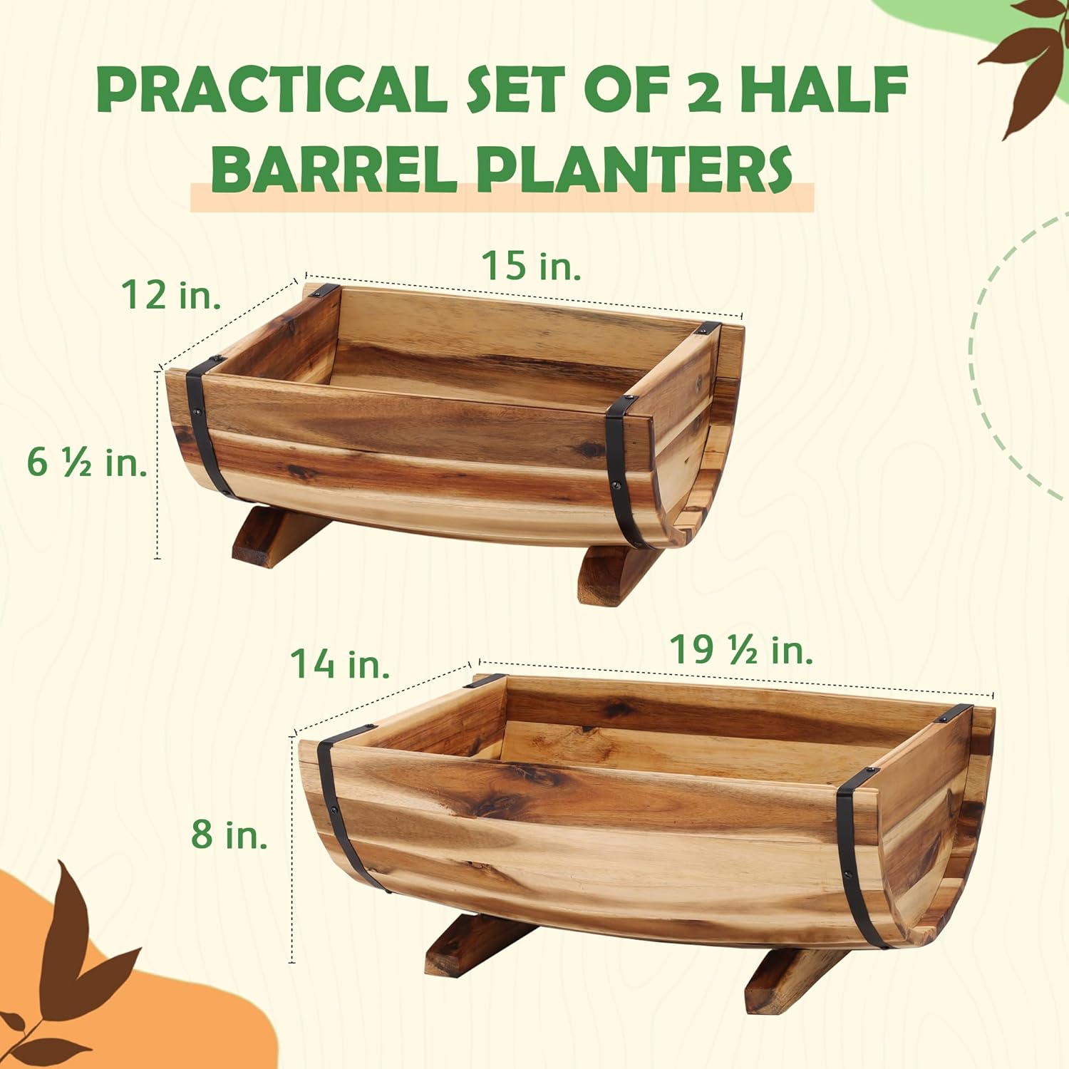 Set of 3 Wooden Barrel Planters – Rustic Acacia Flower Pots with Handles & Drainage for Garden & Patio