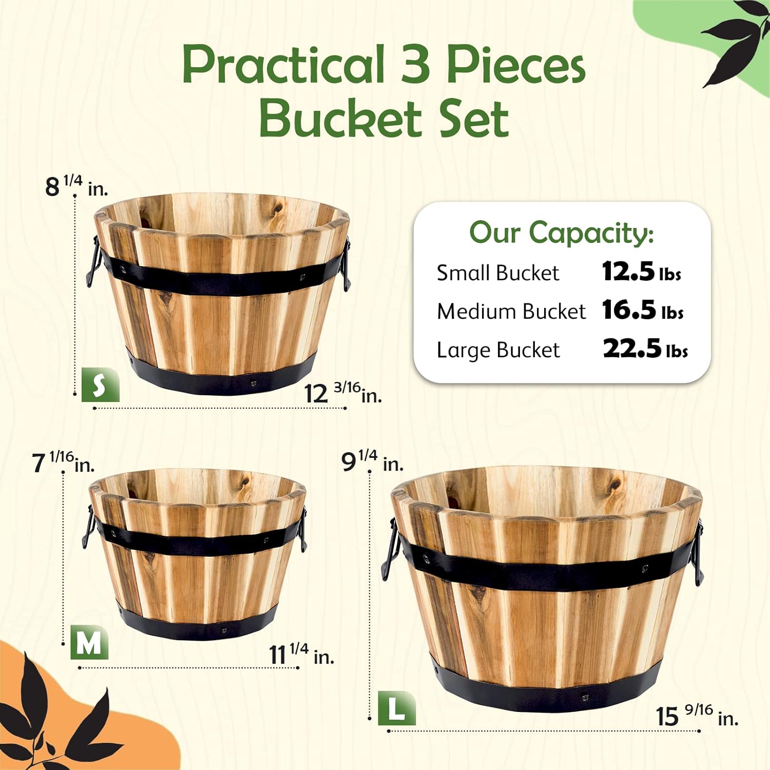 Set of 3 Wooden Barrel Planters – Rustic Acacia Flower Pots with Handles & Drainage for Garden & Patio