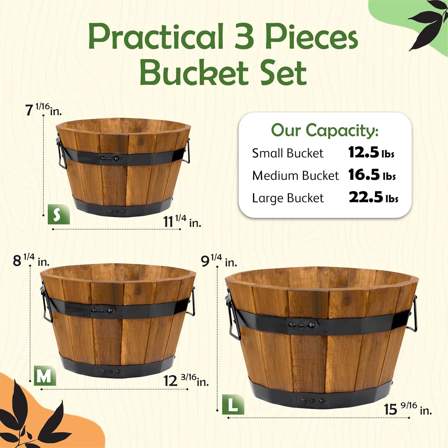 Set of 3 Wooden Barrel Planters – Rustic Acacia Flower Pots with Handles & Drainage for Garden & Patio