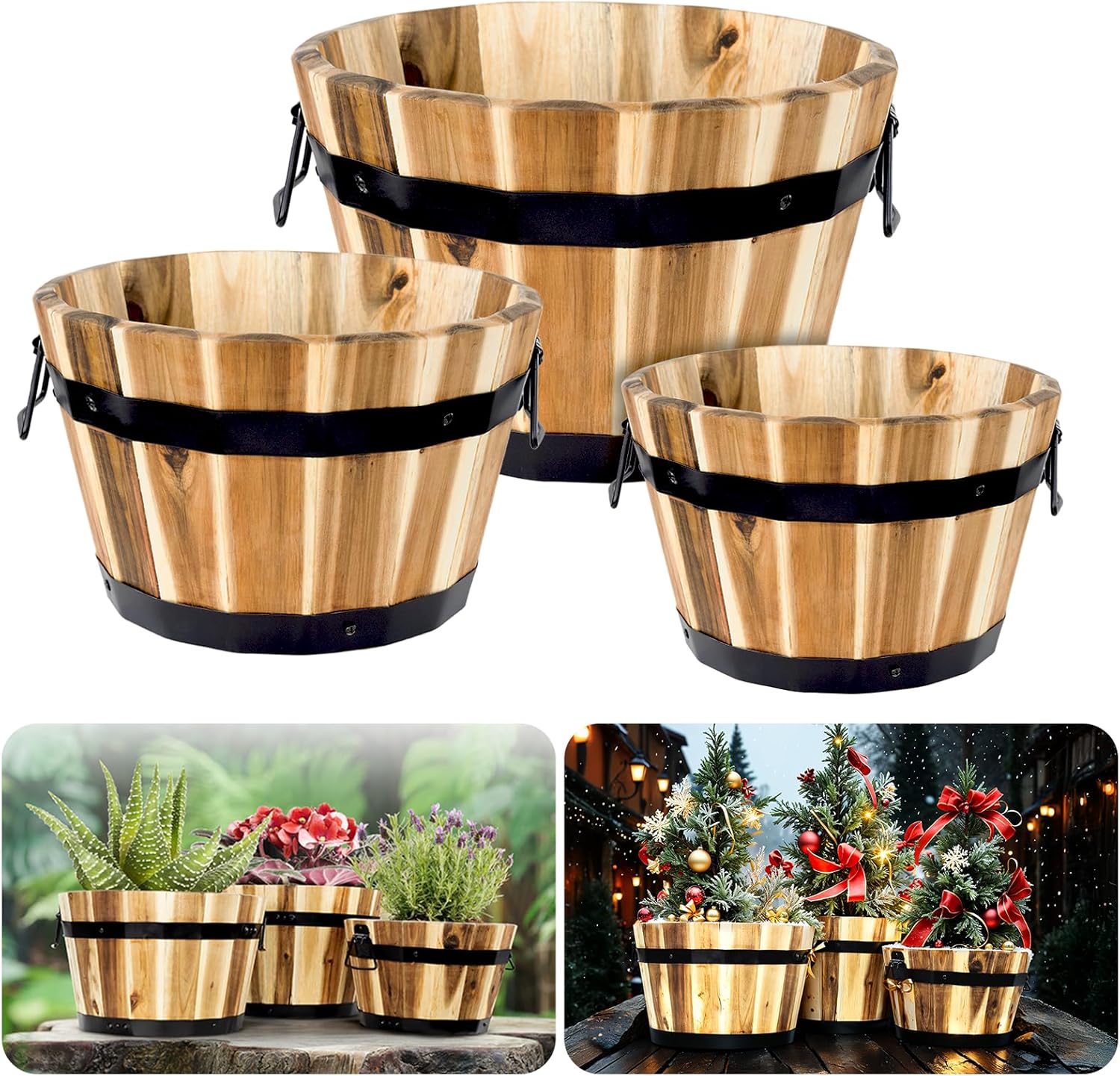 Set of 3 Wooden Barrel Planters – Rustic Acacia Flower Pots with Handles & Drainage for Garden & Patio