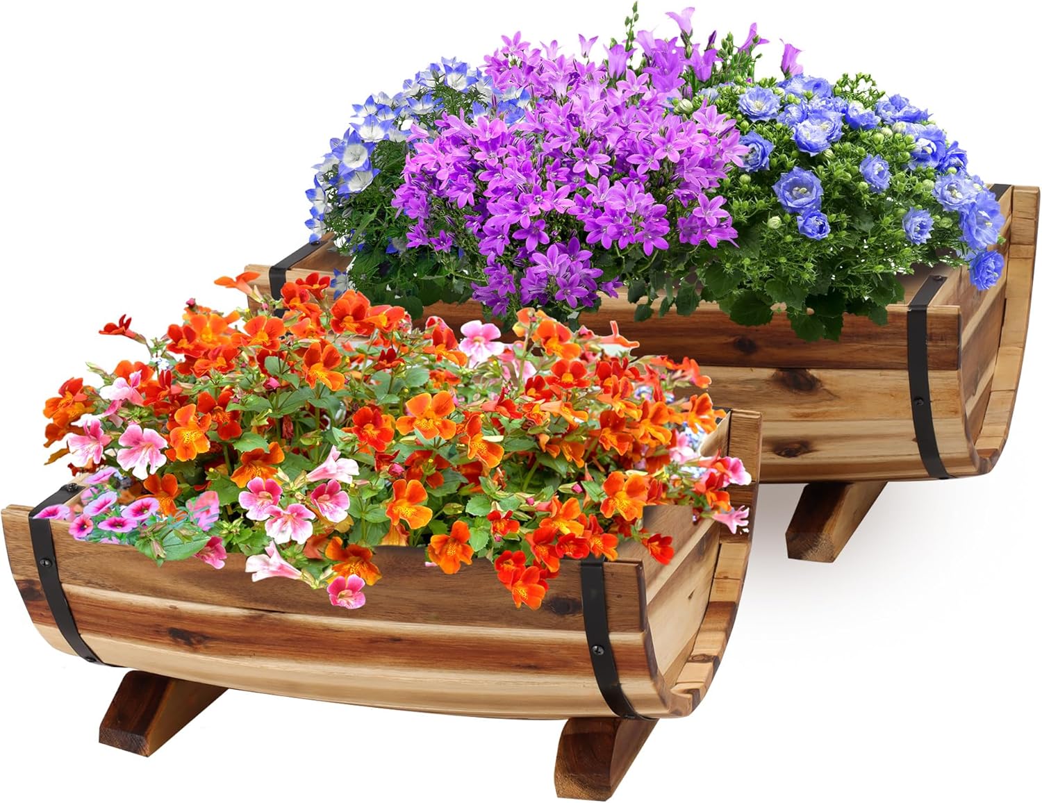 Set of 3 Wooden Barrel Planters – Rustic Acacia Flower Pots with Handles & Drainage for Garden & Patio