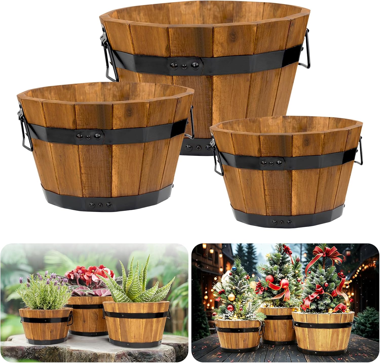 Set of 3 Wooden Barrel Planters – Rustic Acacia Flower Pots with Handles & Drainage for Garden & Patio