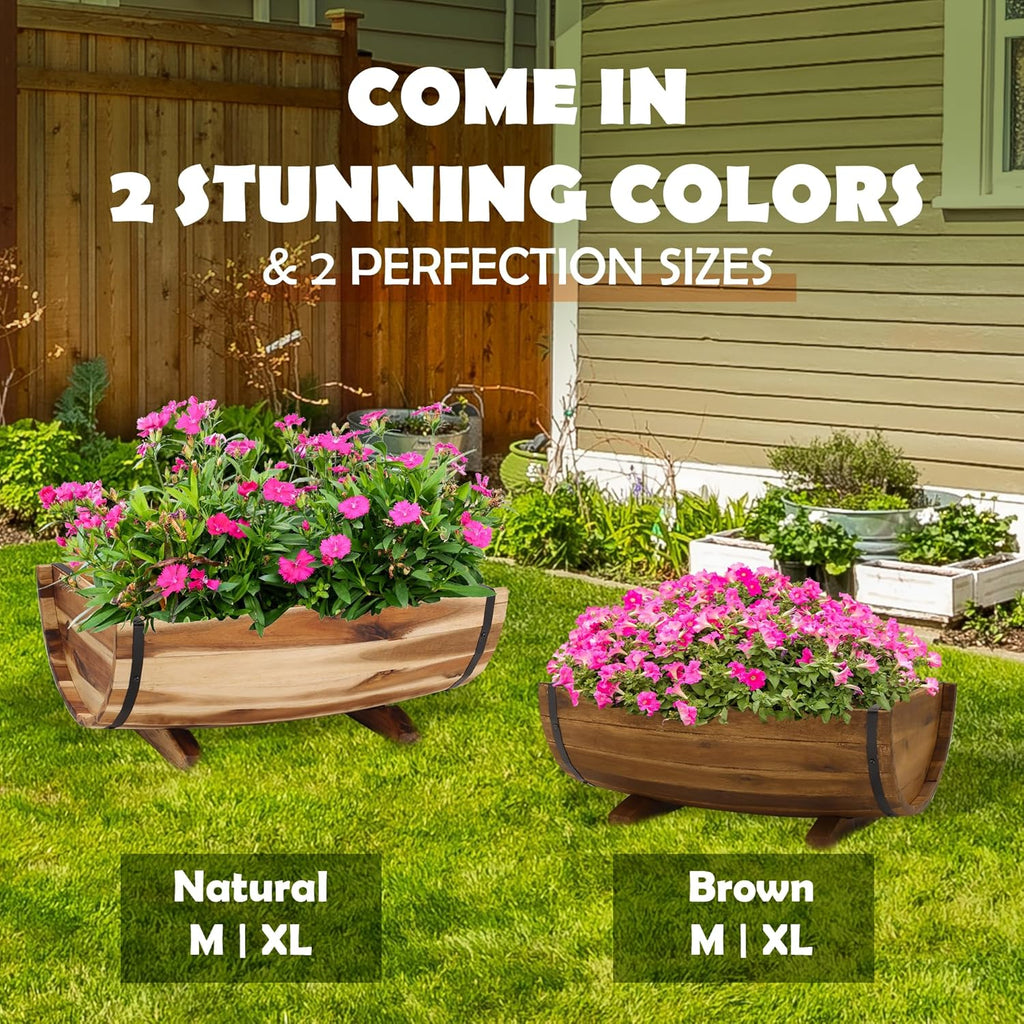 Set of 3 Wooden Barrel Planters – Rustic Acacia Flower Pots with Handles & Drainage for Garden & Patio