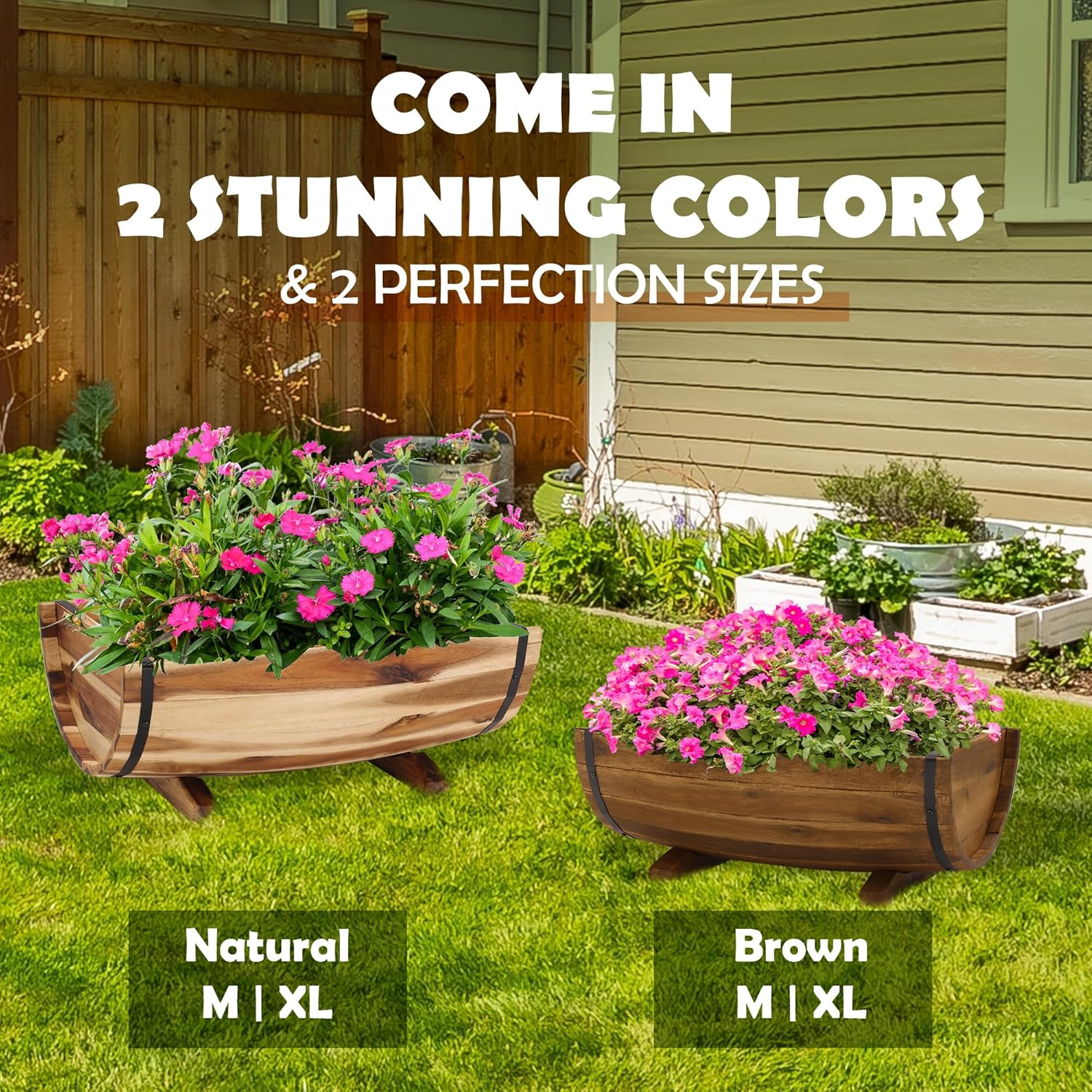 Set of 3 Wooden Barrel Planters – Rustic Acacia Flower Pots with Handles & Drainage for Garden & Patio